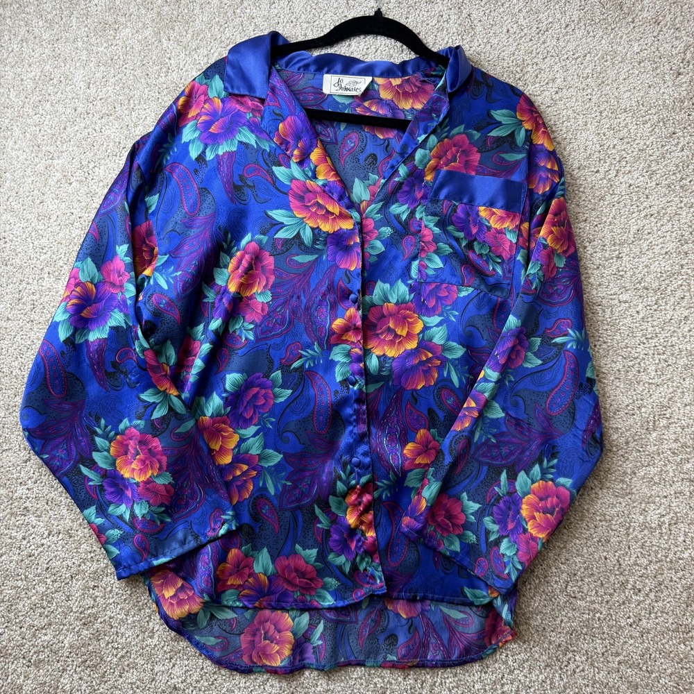 Vintage Jo Intimates Pajama Top Womens Medium Blue Floral Satin Button Sleepwear